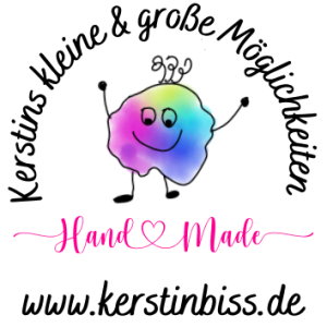 Logo der Produktserie "Kerstins kleine & große Möglichkeiten" mit buntem Miniwesen und dem Schriftzug "Hand Made"