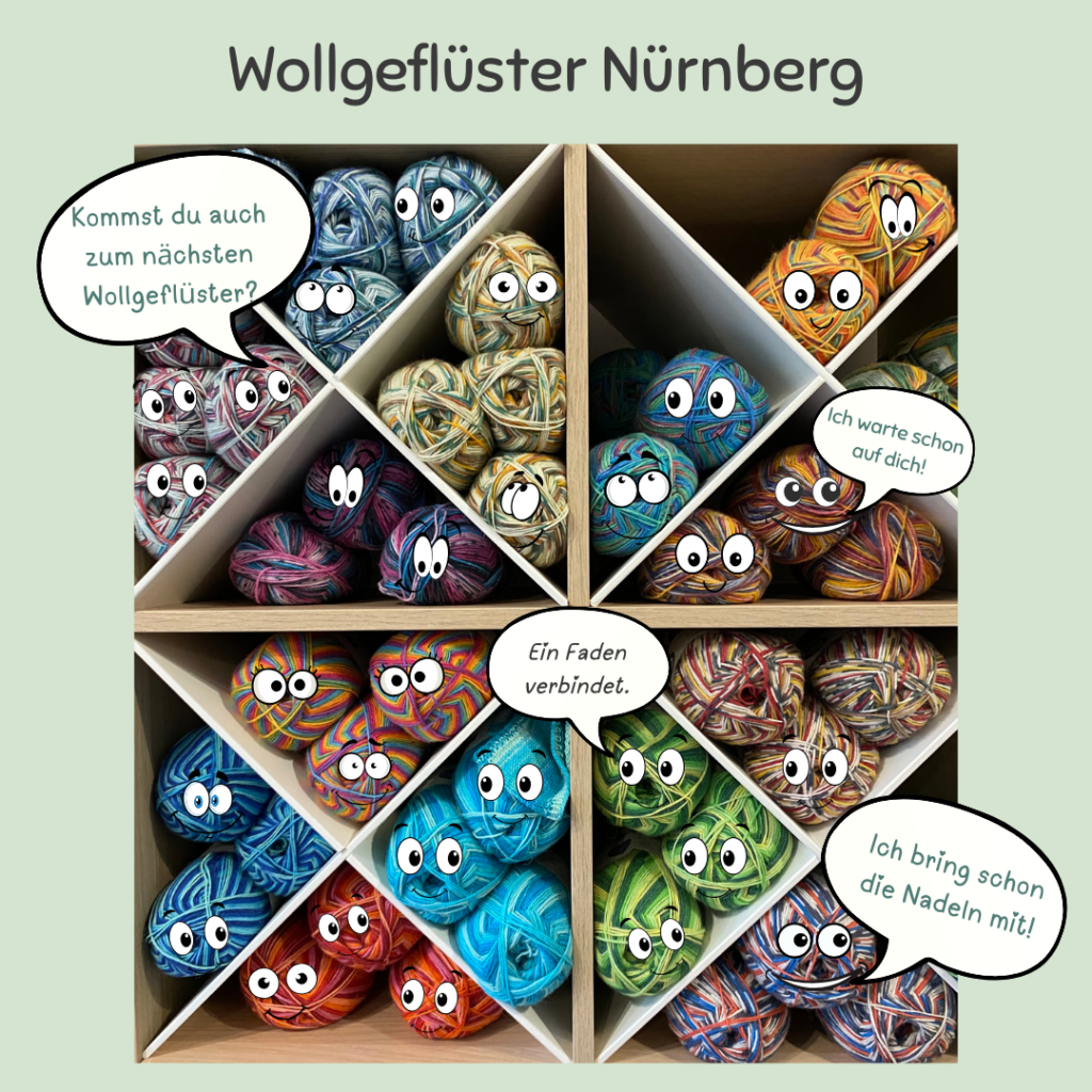 Einladungsgrafik zu „Wollgeflüster Nürnberg“ mit fröhlich illustrierten Wollknäueln und Infos zu monatlichen Strick- und Häkeltreffen für Frauen.