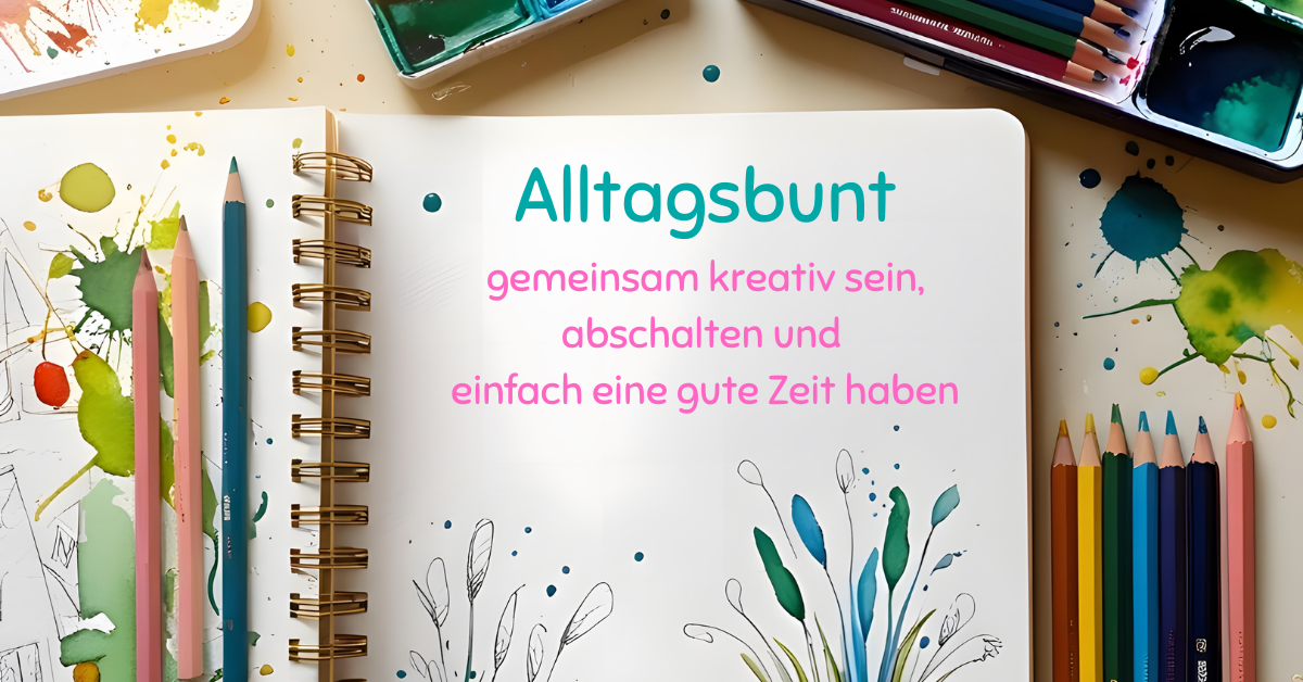 Bild mit Notizblock, Farbstiften und Ausgemaltem 