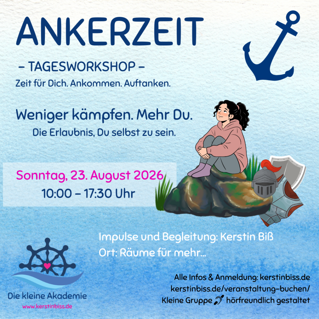 Ankerzeit – Weniger kämpfen. Mehr Du. | Tagesworkshop in Nürnberg Illustration einer Frau, die ruhig auf einer Wiese sitzt. Hinter ihr liegt eine abgelegte Ritterrüstung als Symbol für das Loslassen alter Lasten und den Weg zurück zu sich selbst.