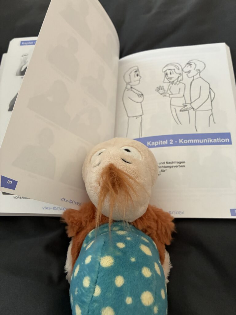Finnea Hörschnecke lernt Deutsche Gebärdensprache (DGS) Stofffigur Finnea Hörschnecke sitzt vor einem geöffneten Lehrbuch zur Deutschen Gebärdensprache (DGS).