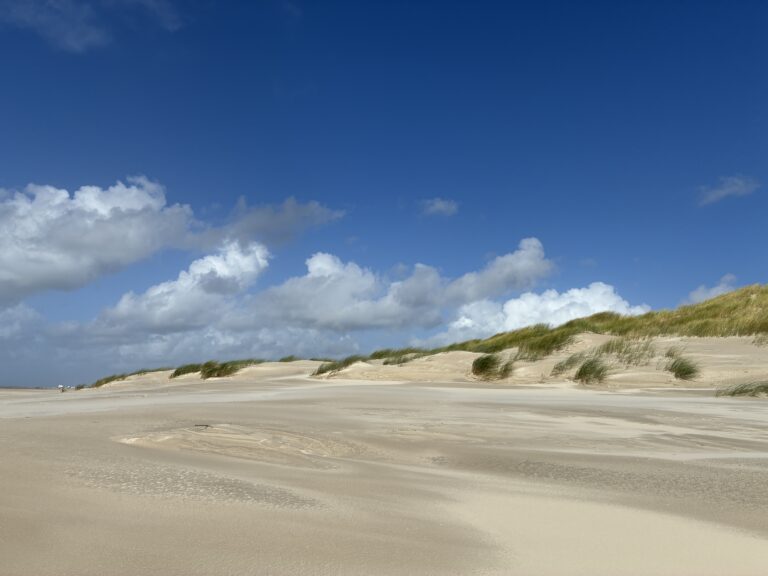 Weiter Strand mit Dünen und blauem Himmel als Symbol für Raum, Weite und seelisches Wohlbefinden